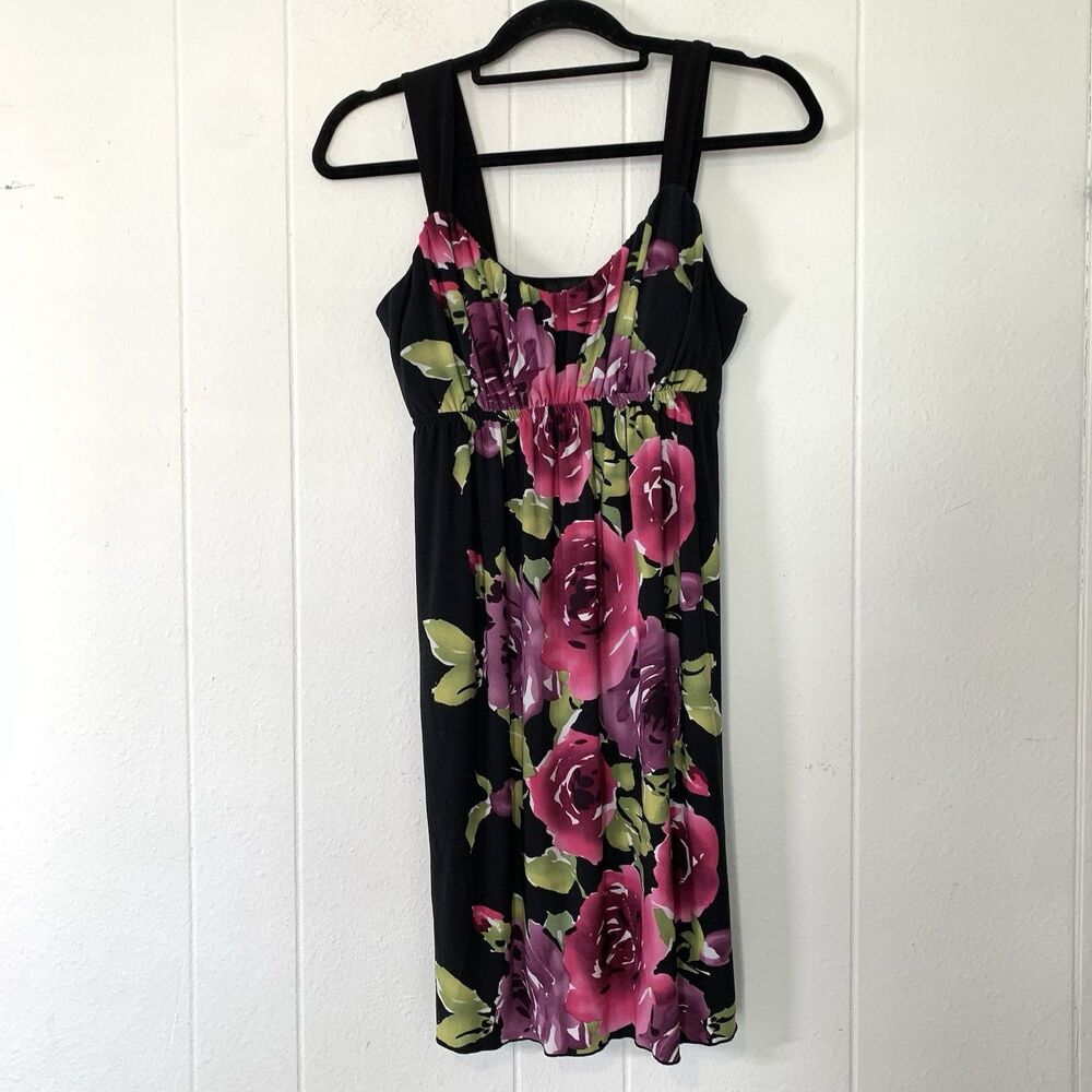 Vtg BCX Womens Medium Dress Babydoll Preppy Homecoming Black Pink Floral 90s Y2K